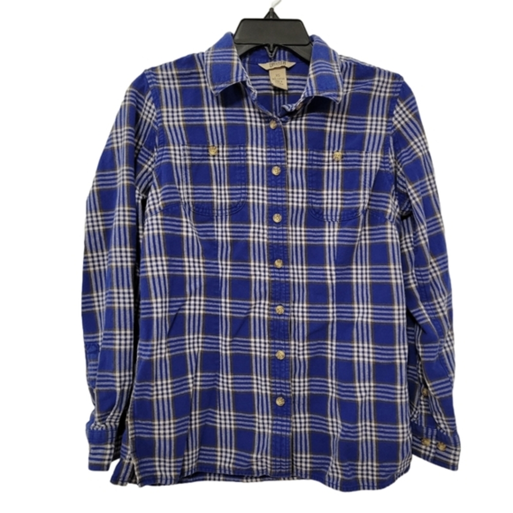 Duluth Mens Royal Blue Plaid Flannel Button Up Shirt Sz XS Cotton Hiking Outdoor